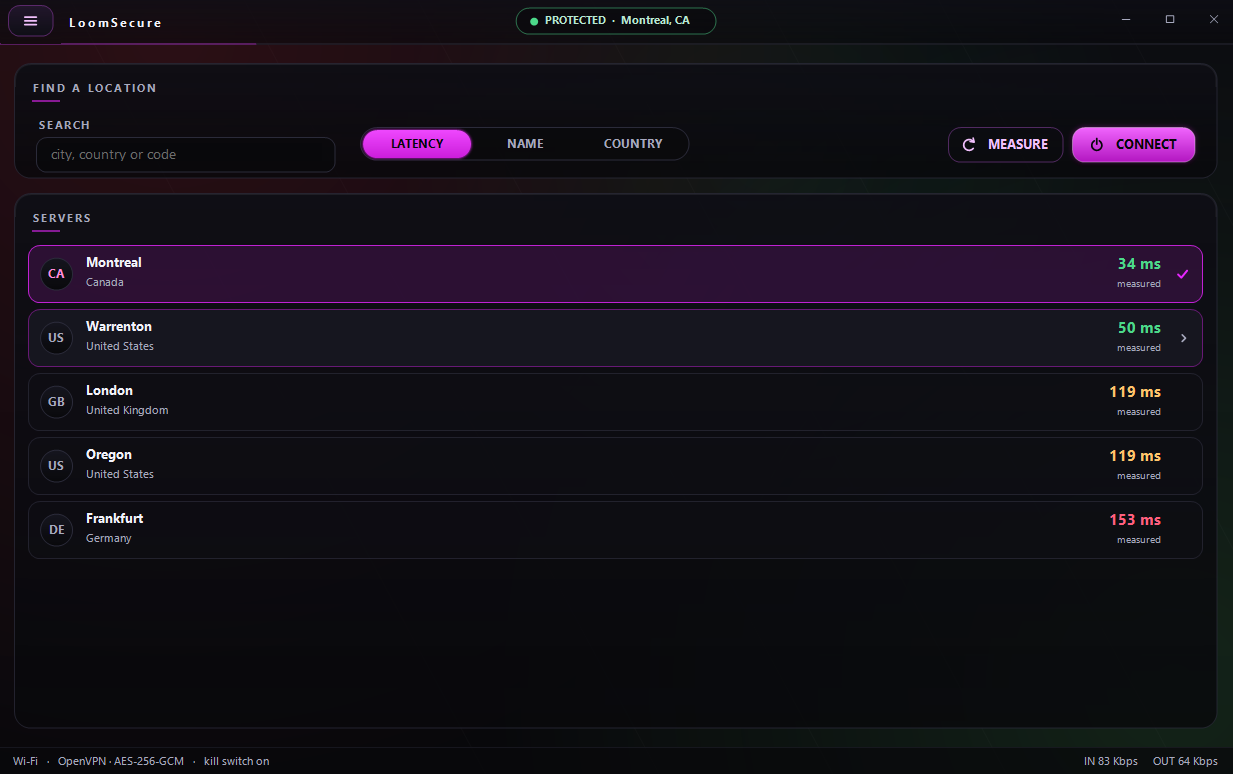 Server picker listing Montreal, Warrenton, London, Oregon and Frankfurt with measured latencies, plus search, sort and measure controls.