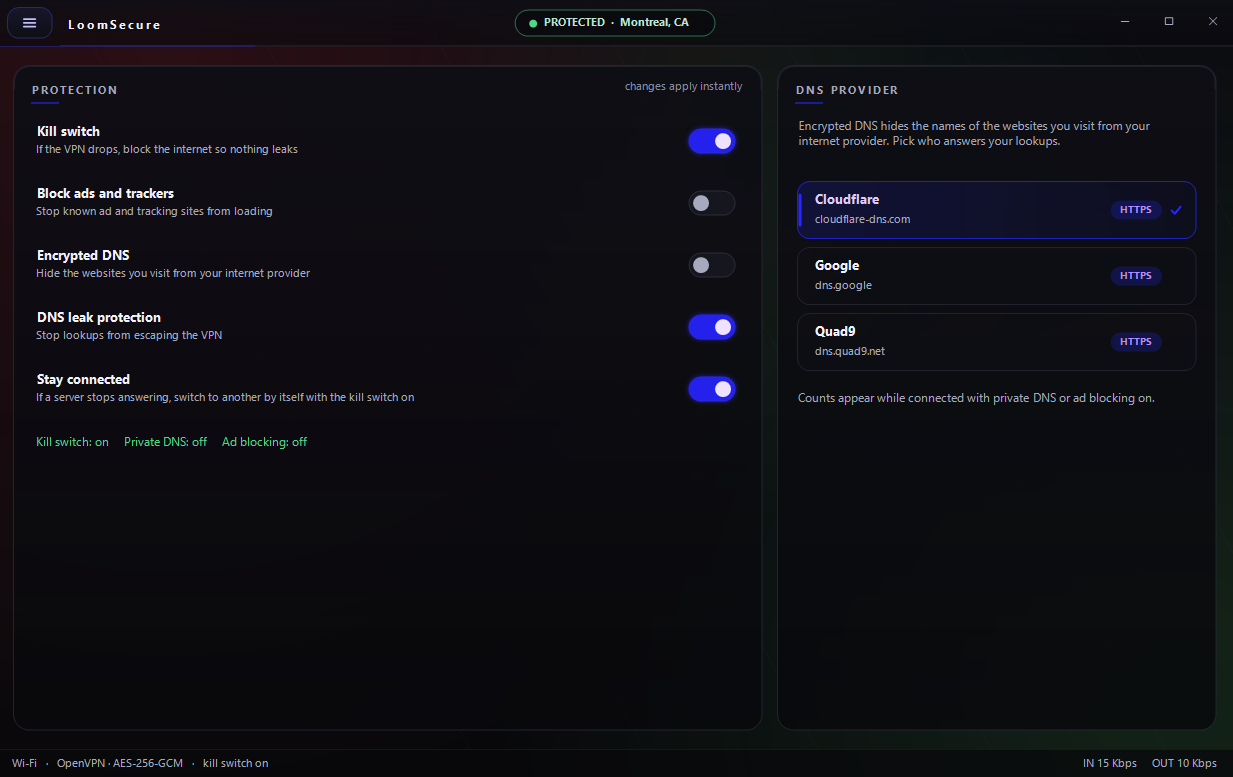 Protection settings: kill switch, block ads and trackers, encrypted DNS, DNS leak protection, stay connected auto-switch, and a DNS provider picker with Cloudflare selected.