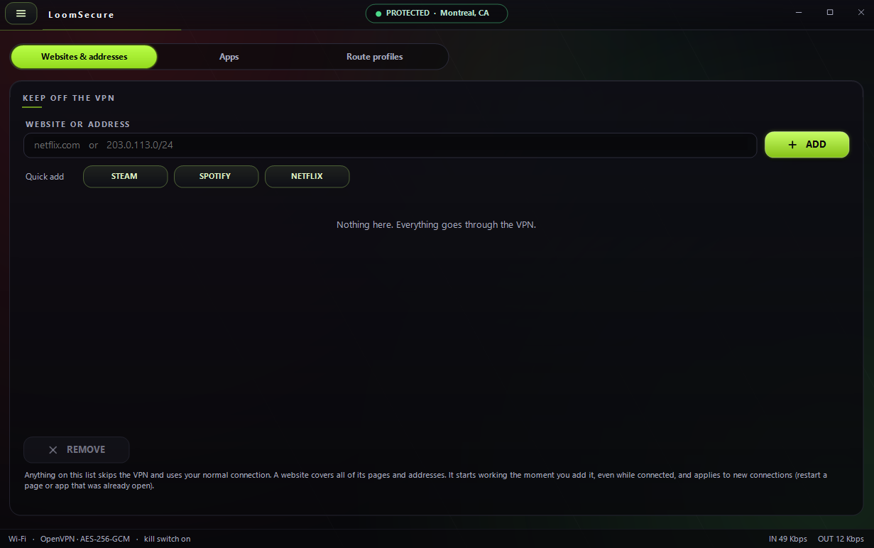 Split tunneling screen with tabs for websites and addresses, apps and route profiles, a field to keep sites off the VPN, and quick-add buttons for Steam, Spotify and Netflix.