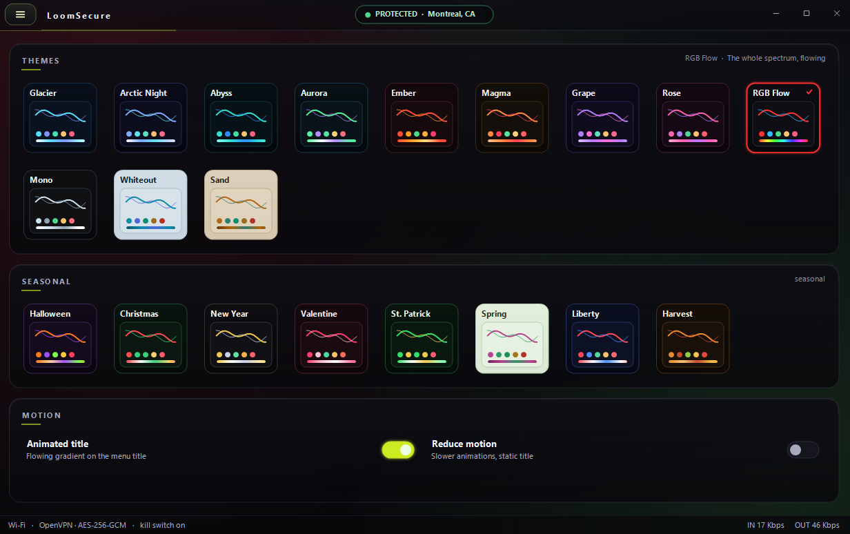 Theme gallery with core themes like Glacier, Aurora, Magma and RGB Flow, a seasonal row including Halloween, Christmas and Spring, and motion settings for animated title and reduce motion.