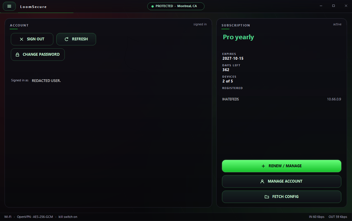 Account screen showing a signed-in Pro yearly subscription, days left, 2 of 5 devices registered, and buttons to renew, manage account and fetch config.